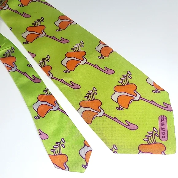 Peter Max Silk Tie Signed Pop Art Chartreuse Orange PurpleIris Floral Print